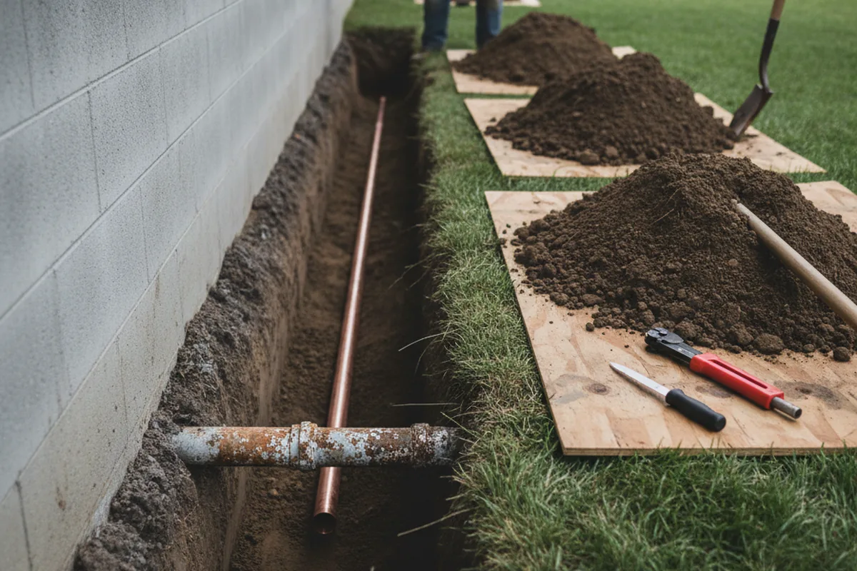 Excavated water line trench during Sewer Line Repair in Stanfield